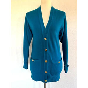Vintage Chanel Aqua Blue 100% Cashmere Cardigan Sweater CC Logo Gold Buttons 40